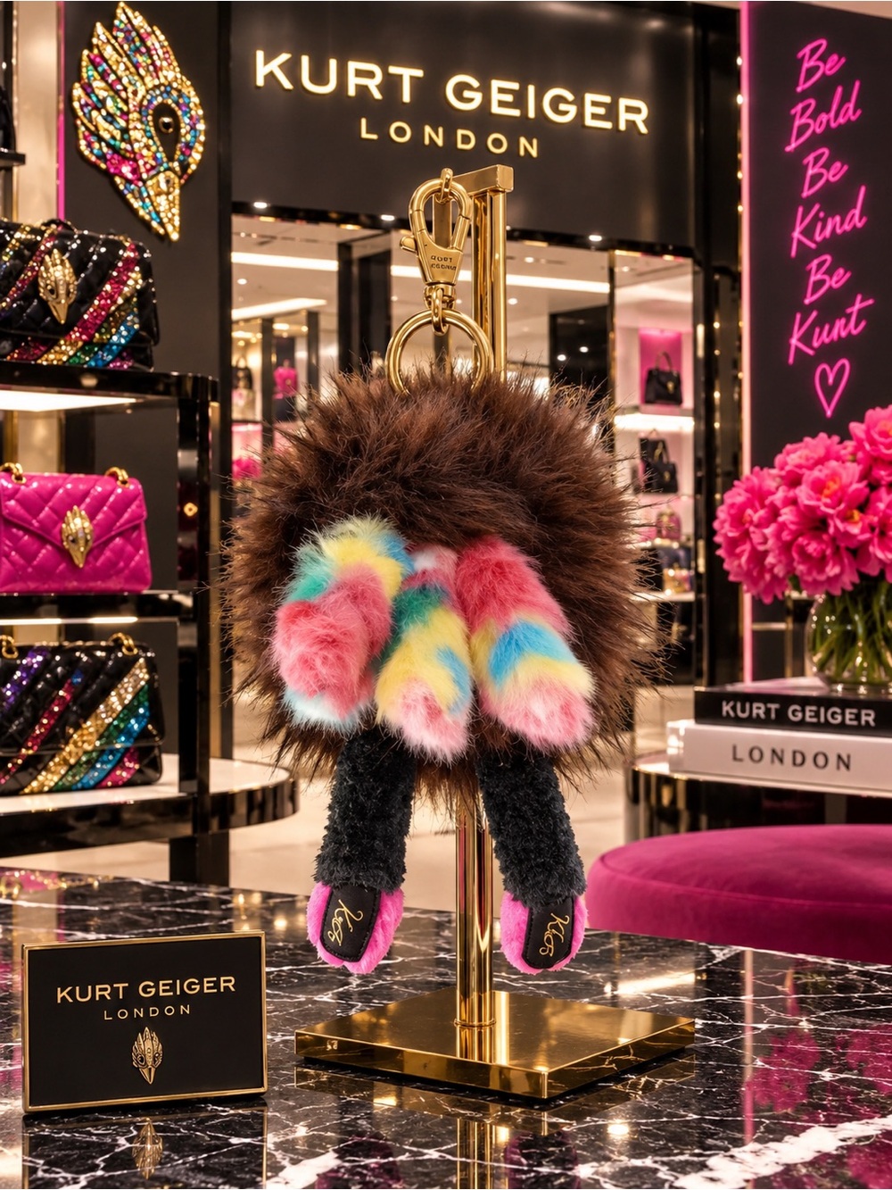 Kurt Geiger Teal, Pink & Brown Furry Monster Bag Charm - Picture 3 of 3